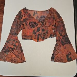 Cider Chiffon Aztec Bell Sleeve Top Cropped Woodsy Fairy Whimsical